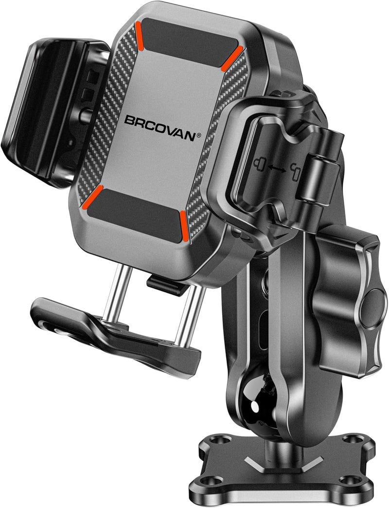 BRCOVAN Anti-Theft Phone Mount Holder with Vibration Dampener [1s Lock & Release] [Camera Friendly] with Aluminum Medium Arm & Square Base, for Car Boat Truck Motorcycle ATV UTV, Fit 5.4-7.2'' Phones - Image 1